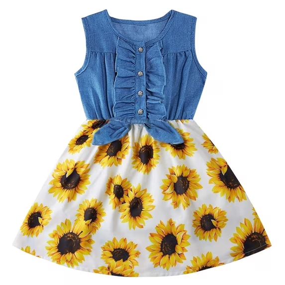 Lanbubble Girls Dresses Sleeveless Denim Dress Ruffle Bowknot Front A-Line Casual Sundress Rainbow Unicorn Dress for Kids 2-8T