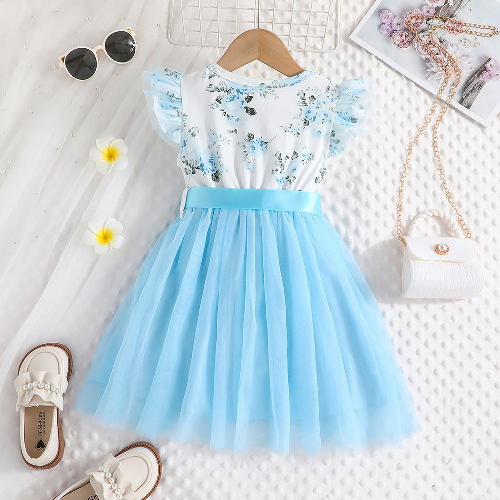 Lanbubble Toddler Girls Floral Tutu Dress Fluffy Ruffle Sleeve Dresses Casual Party Tulle Princess Sundress for Kids 3-7 Years
