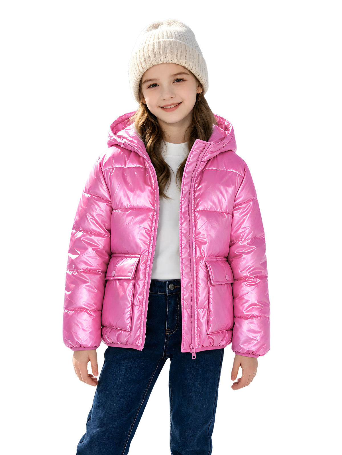 Lanbubble Girls Shiny Puffer Jacket Hooded Winter Coat Warm Outerwear for Kids 7-14Y