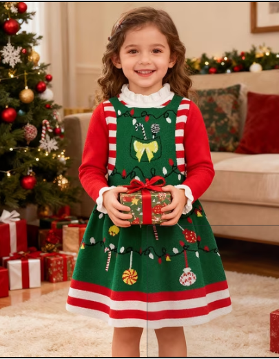 Lanbubble Girls Ugly Christmas Sweater Dress Long Sleeve Knit Ruffle-Trim A-Line Holiday Outfit for Kids 2-9 Years