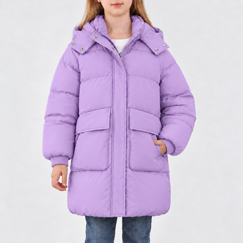 Lanbubble Girls Winter Coat Hooded Puffer Jacket Mid-Lenght Outerwear with Large Pockets 7-14Y