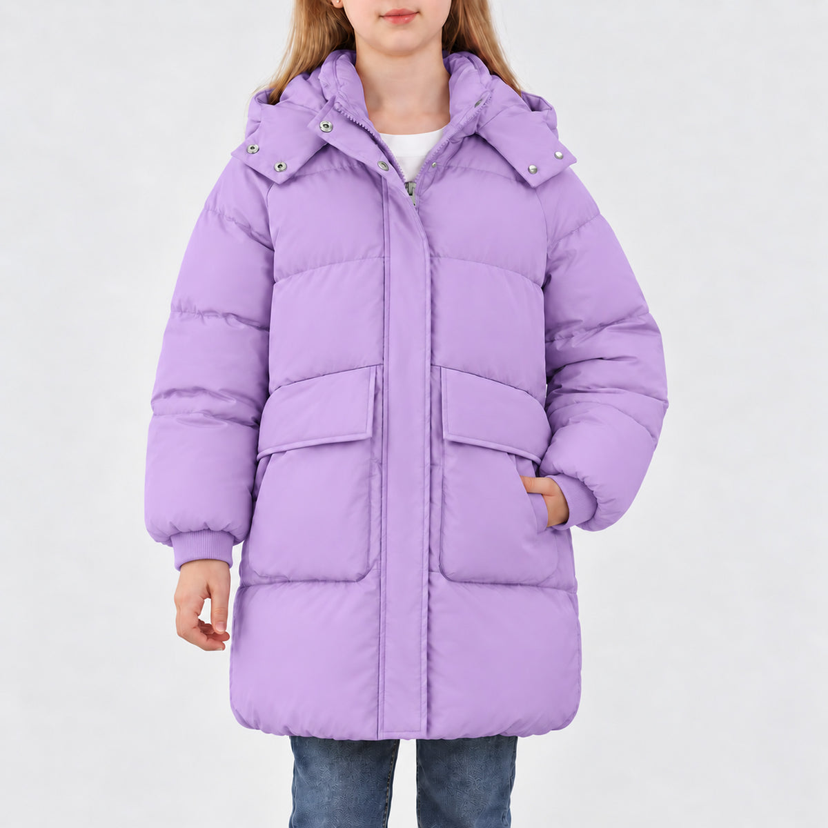 Lanbubble Girls Winter Coat Hooded Puffer Jacket Mid-Lenght Outerwear with Large Pockets 7-14Y