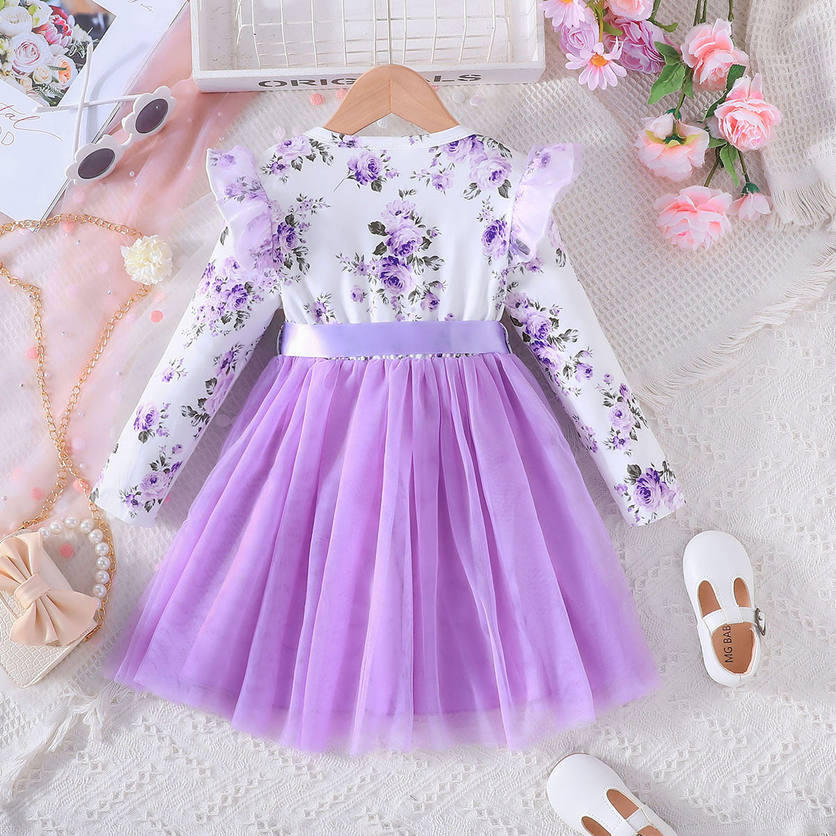 Lanbubble Toddler Girls Floral Tutu Dress Fluffy Ruffle Sleeve Dresses Casual Party Tulle Princess Sundress for Kids 3-7 Years