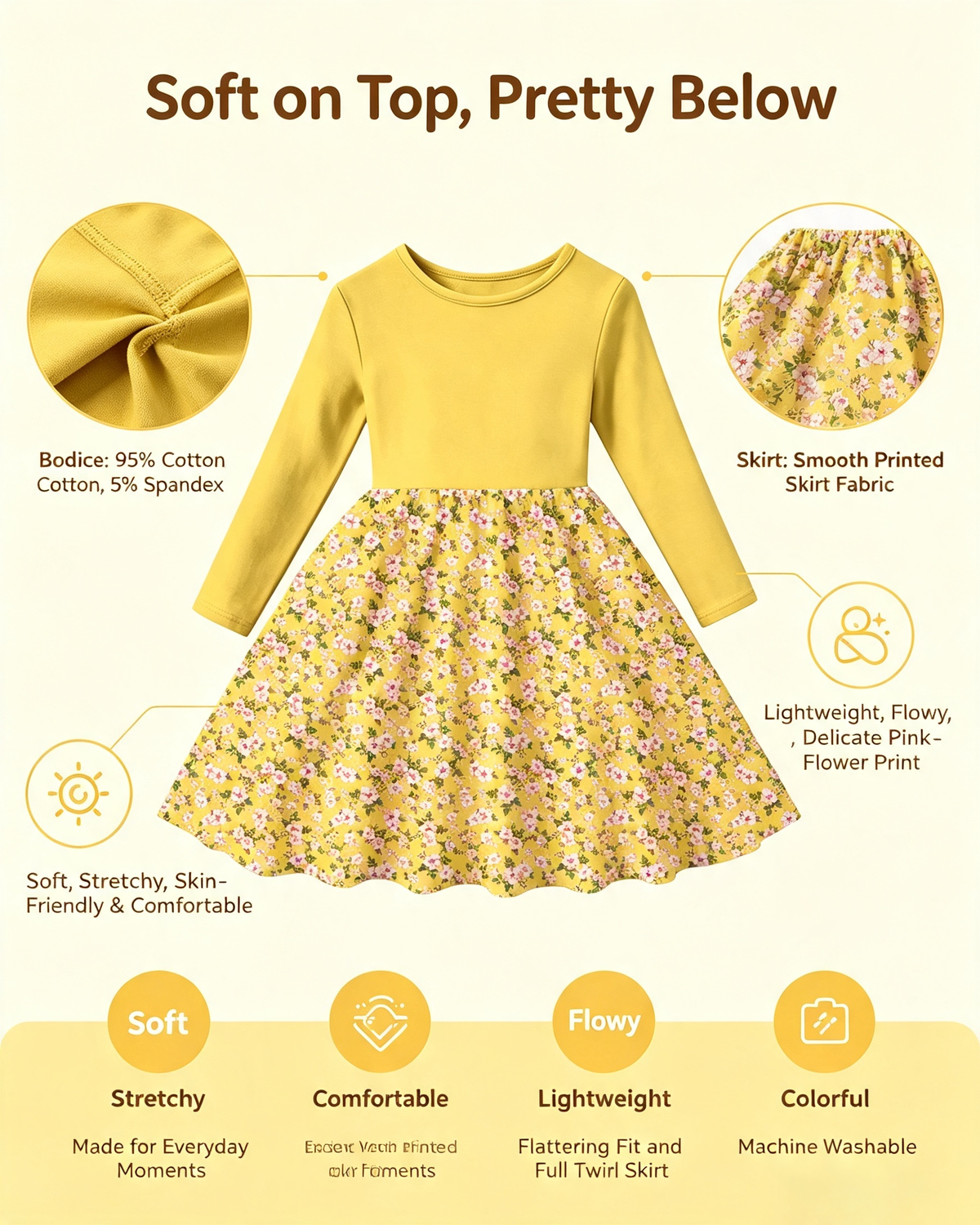 Lanbubble Toddler Girls Long Sleeve Dress A-Line Casual Play Dresses Size 2-7T