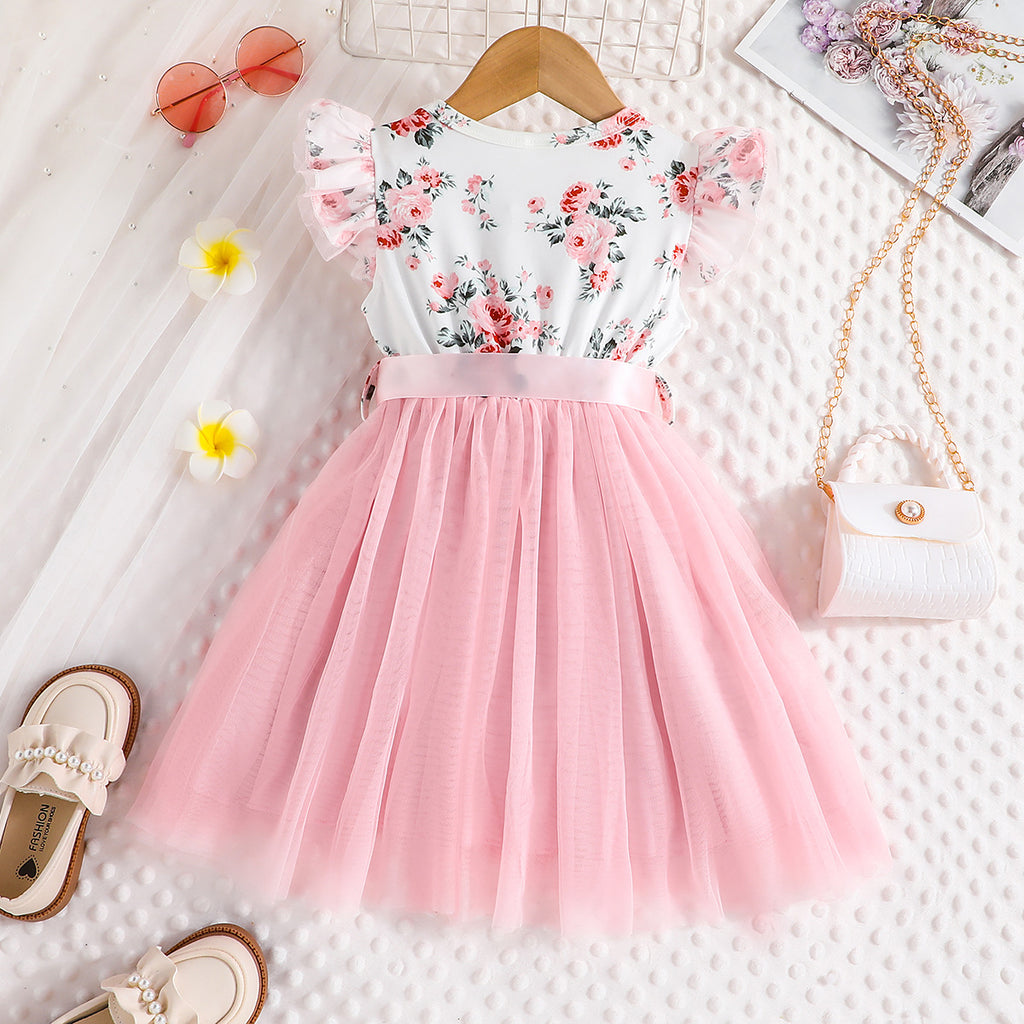 Lanbubble Toddler Girls Floral Tutu Dress Fluffy Ruffle Sleeve Dresses Casual Party Tulle Princess Sundress for Kids 3-7 Years