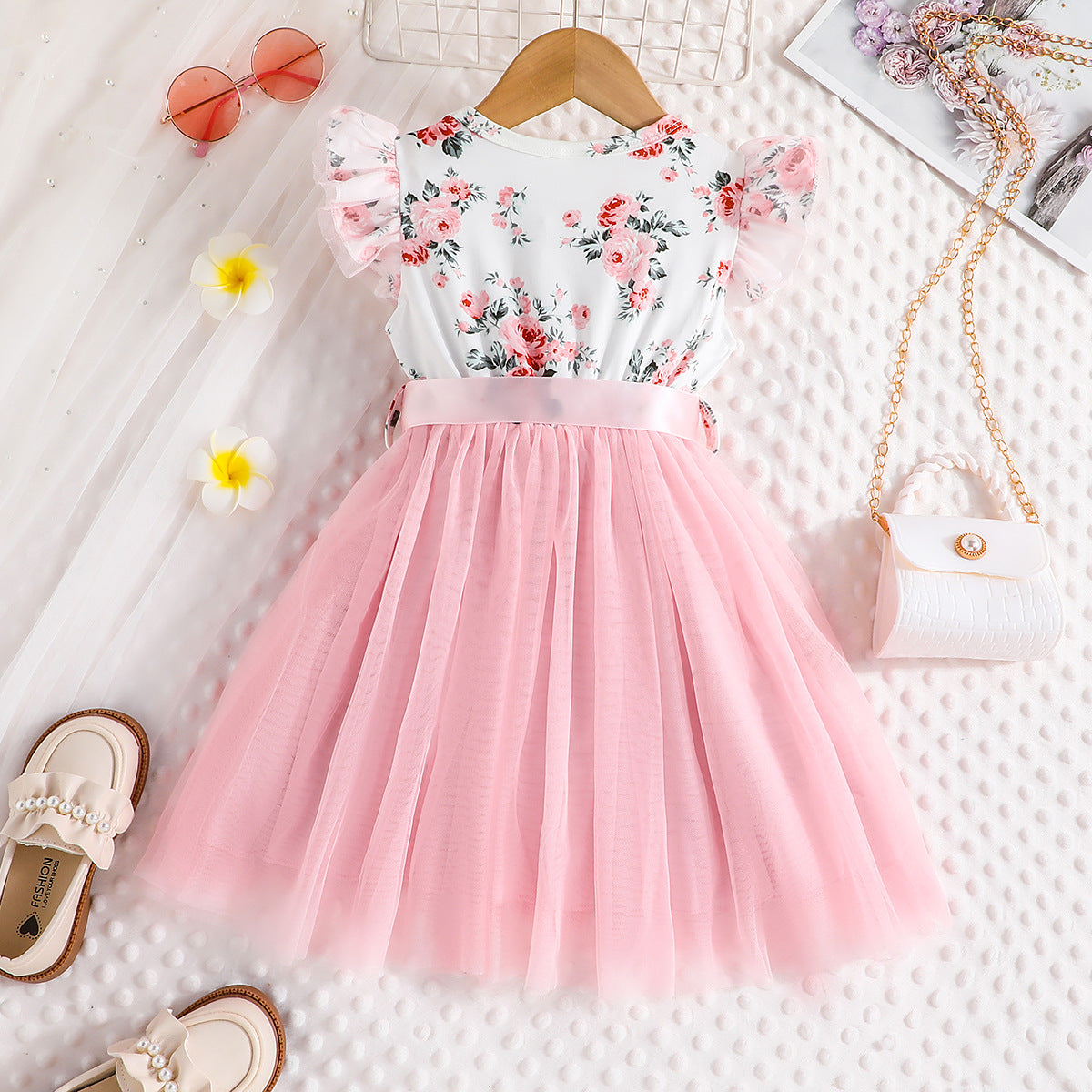 Lanbubble Toddler Girls Floral Tutu Dress Fluffy Ruffle Sleeve Dresses Casual Party Tulle Princess Sundress for Kids 3-7 Years