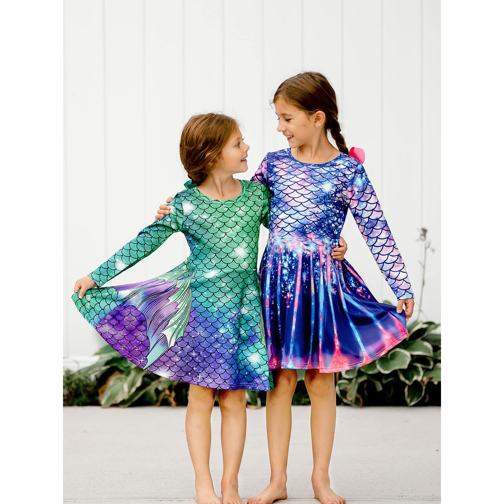 Lanbubble Girls Long Sleeve Dress Mermaid Printed Casual Dress Twirly Skater Dresses 5-13 Years
