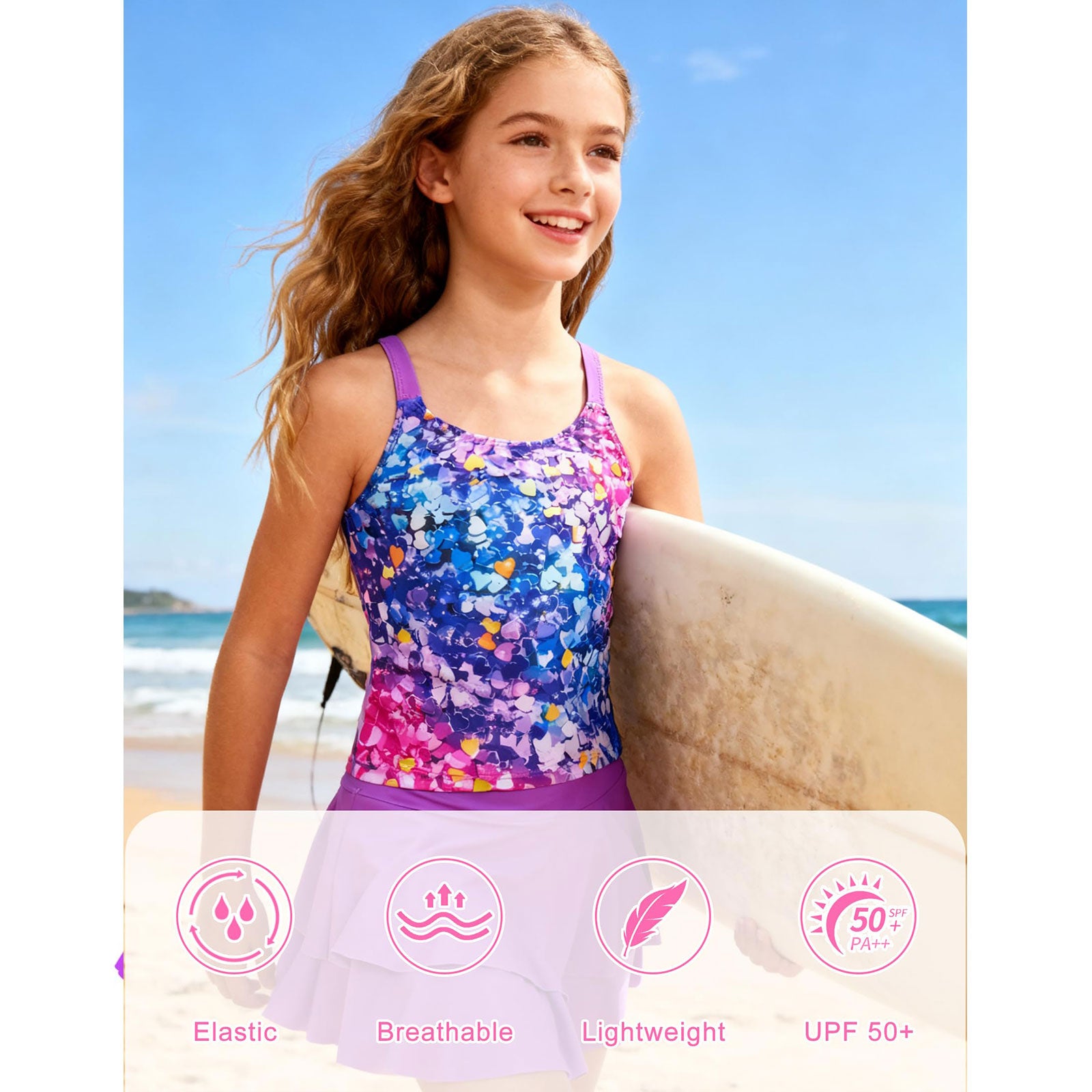 Lanbubble Girls Tankini Swimsuit Two Piece Bathing Suits Summer Beach Swimwear with Skirt Shorts Sequins 7-12Y