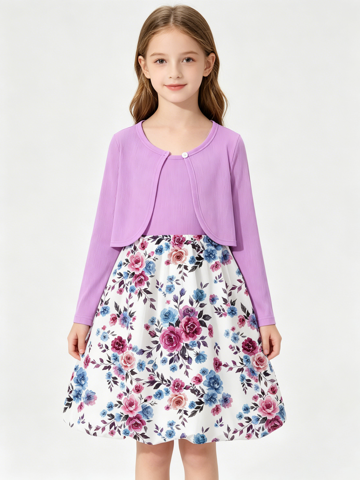 Lanbubble Girls 2 Piece Dress Set Sleeveless Bubble Dress with Cardigan & Side Pockets for Party Daily Wear Size 5-12Y