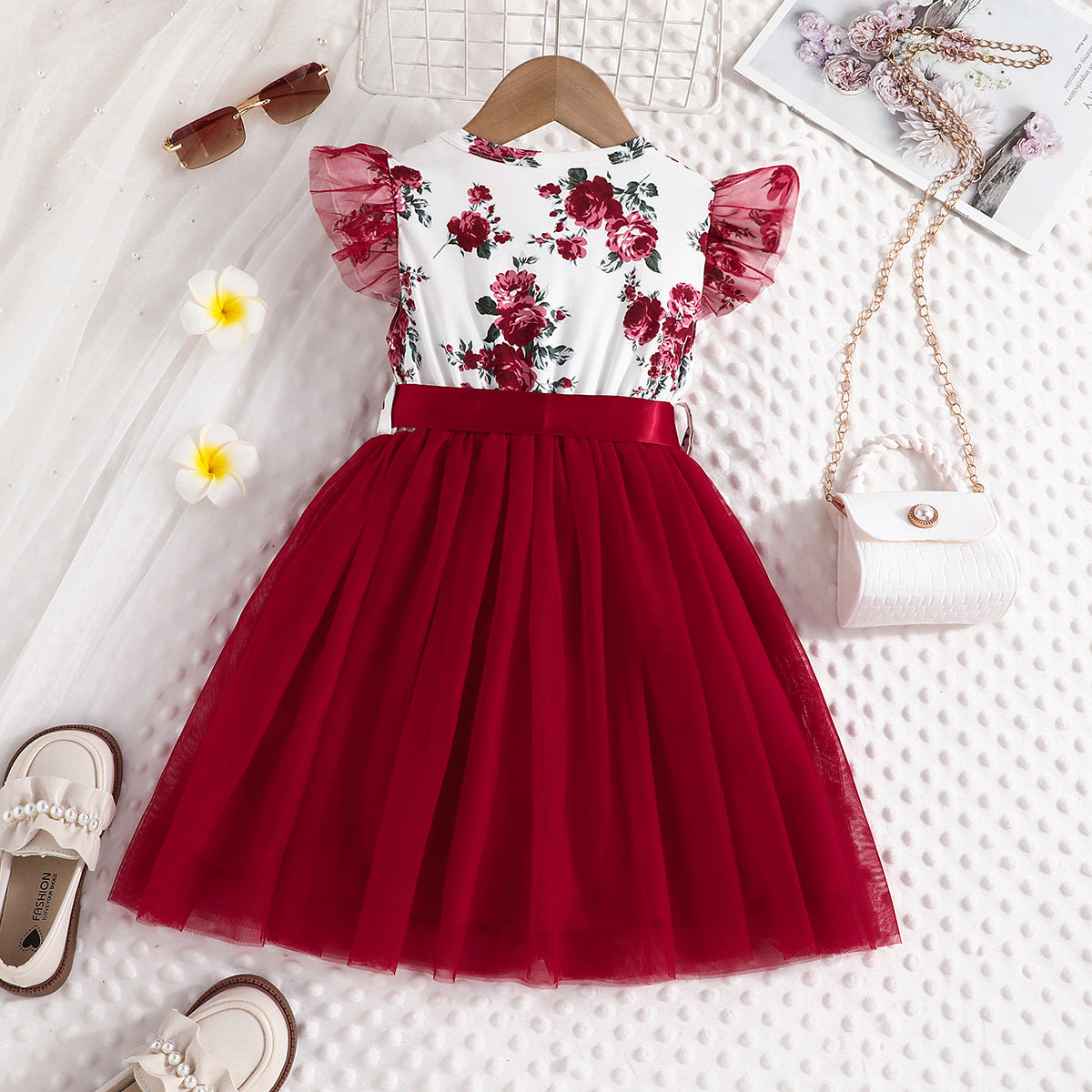 Lanbubble Toddler Girls Floral Tutu Dress Fluffy Ruffle Sleeve Dresses Casual Party Tulle Princess Sundress for Kids 3-7 Years