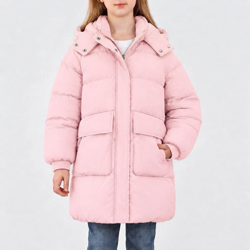 Lanbubble Girls Winter Coat Hooded Puffer Jacket Mid-Lenght Outerwear with Large Pockets 7-14Y