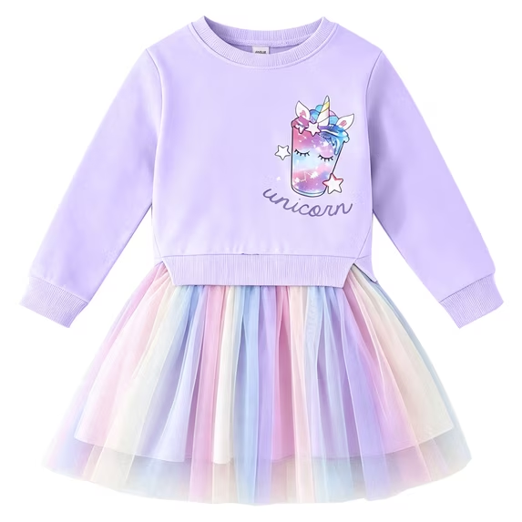 Lanbubble Girls Dresses Long Sleeve Sweat Party Dress With Sequin Tulle Skirt 3-7 Years