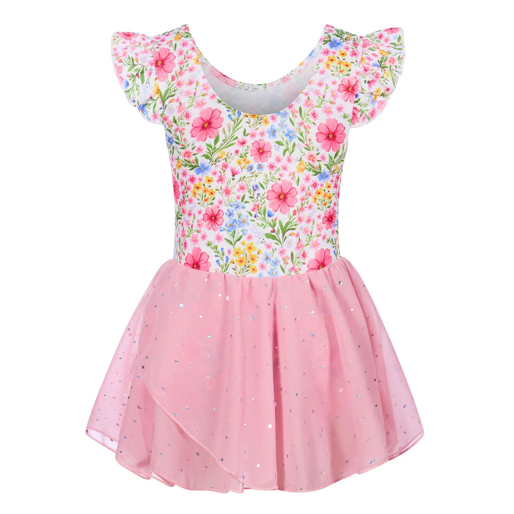 Lanbubble Toddler Ballet Leotards For Girls Dance Leotards With Shiny Tutu Skirt Ruffle Sleeve 3-7 Years