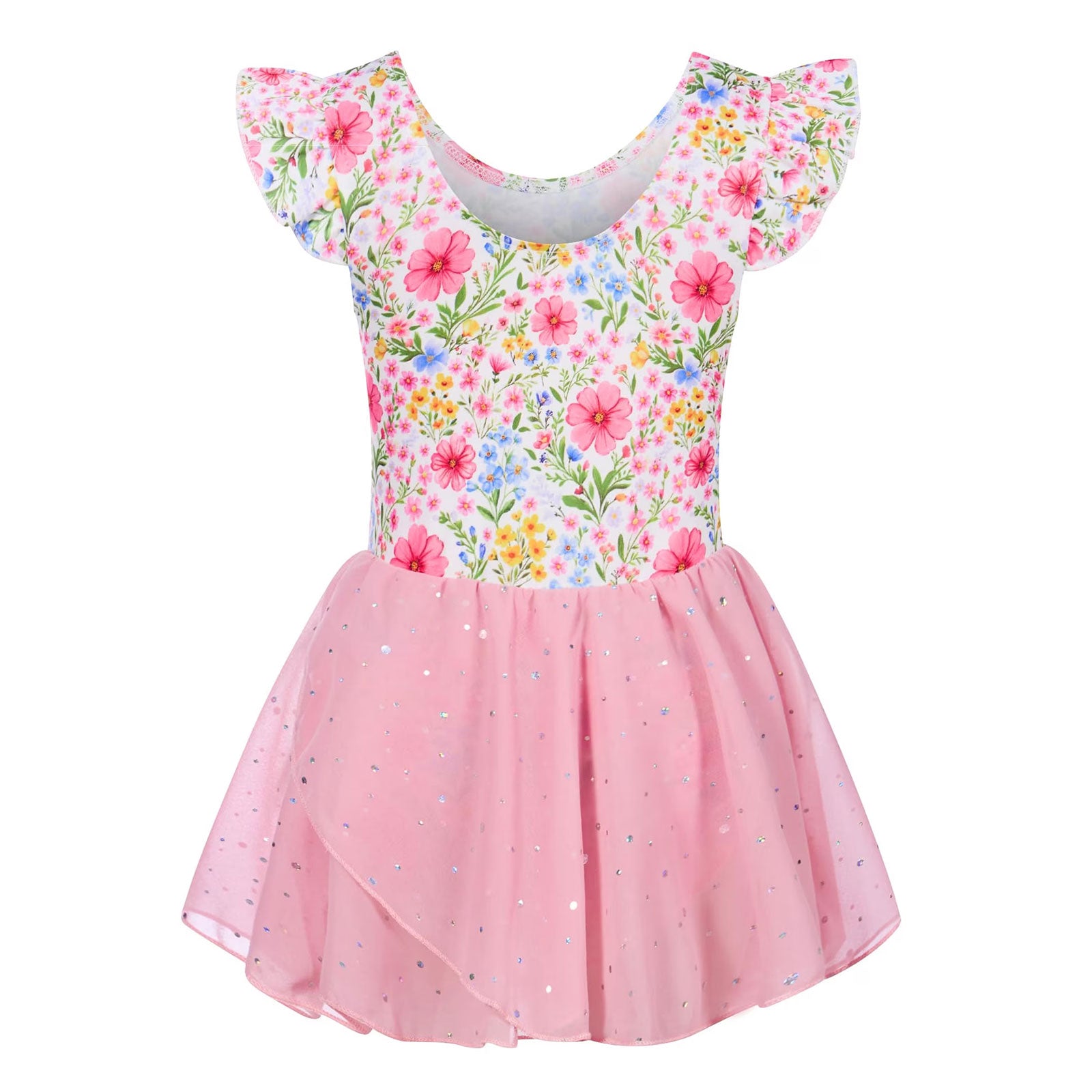 Lanbubble Toddler Ballet Leotards For Girls Dance Leotards With Shiny Tutu Skirt Ruffle Sleeve 3-7 Years