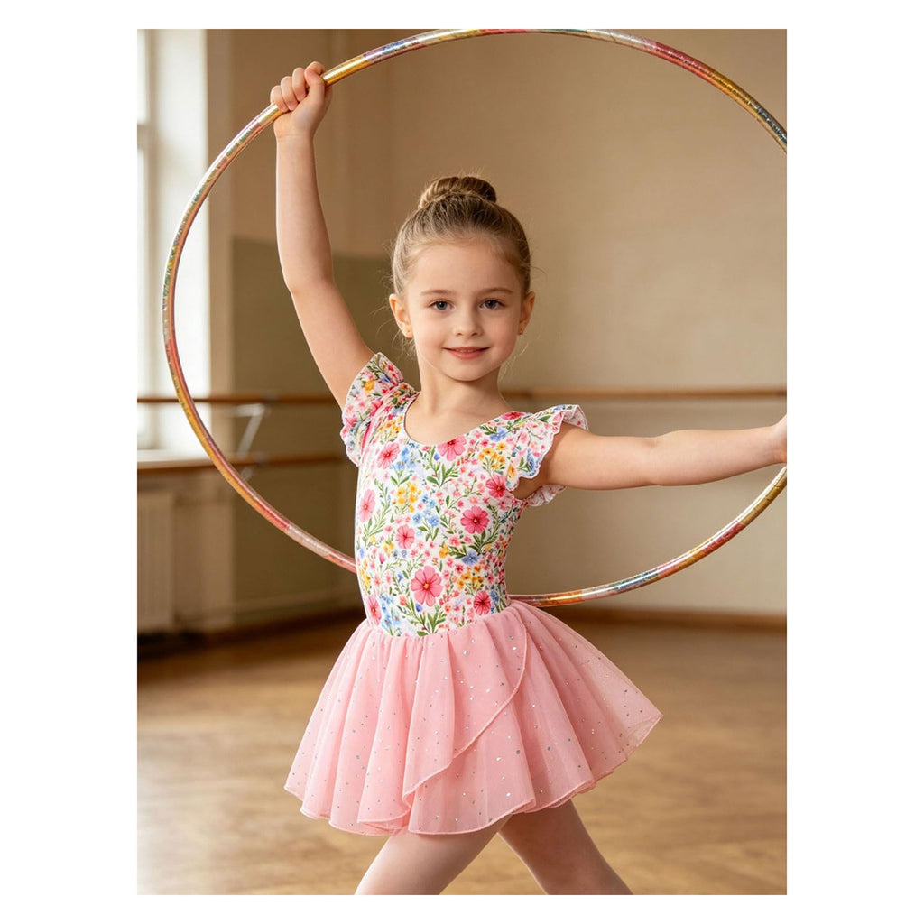 Lanbubble Toddler Ballet Leotards For Girls Dance Leotards With Shiny Tutu Skirt Ruffle Sleeve 3-7 Years