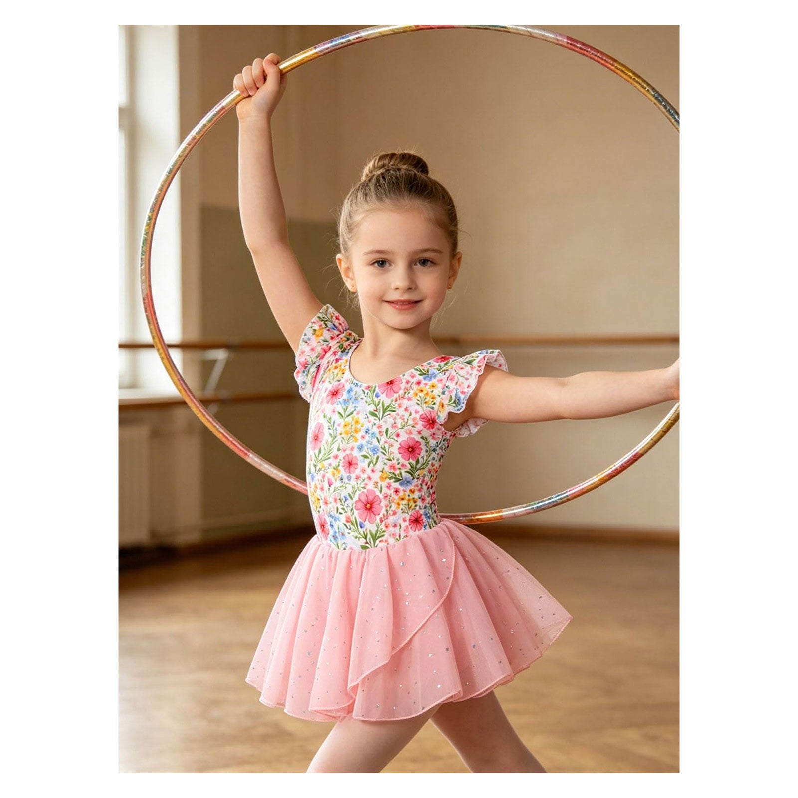 Lanbubble Toddler Ballet Leotards For Girls Dance Leotards With Shiny Tutu Skirt Ruffle Sleeve 3-7 Years