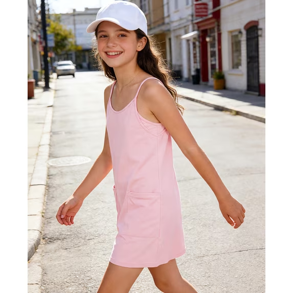 Lanbubble Girls Dress with Shorts Casual Spaghetti Straps Romper Dresses with Pockets 8-14 Years