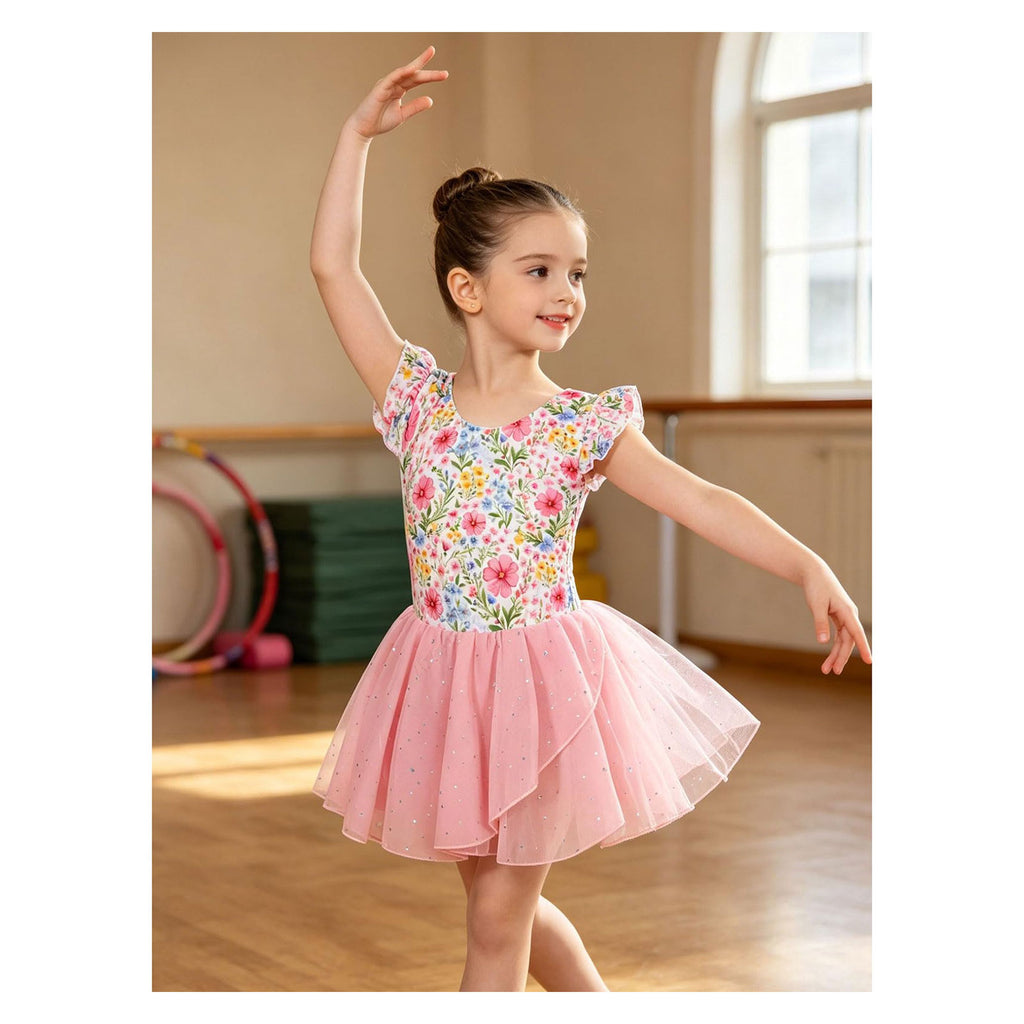 Lanbubble Toddler Ballet Leotards For Girls Dance Leotards With Shiny Tutu Skirt Ruffle Sleeve 3-7 Years