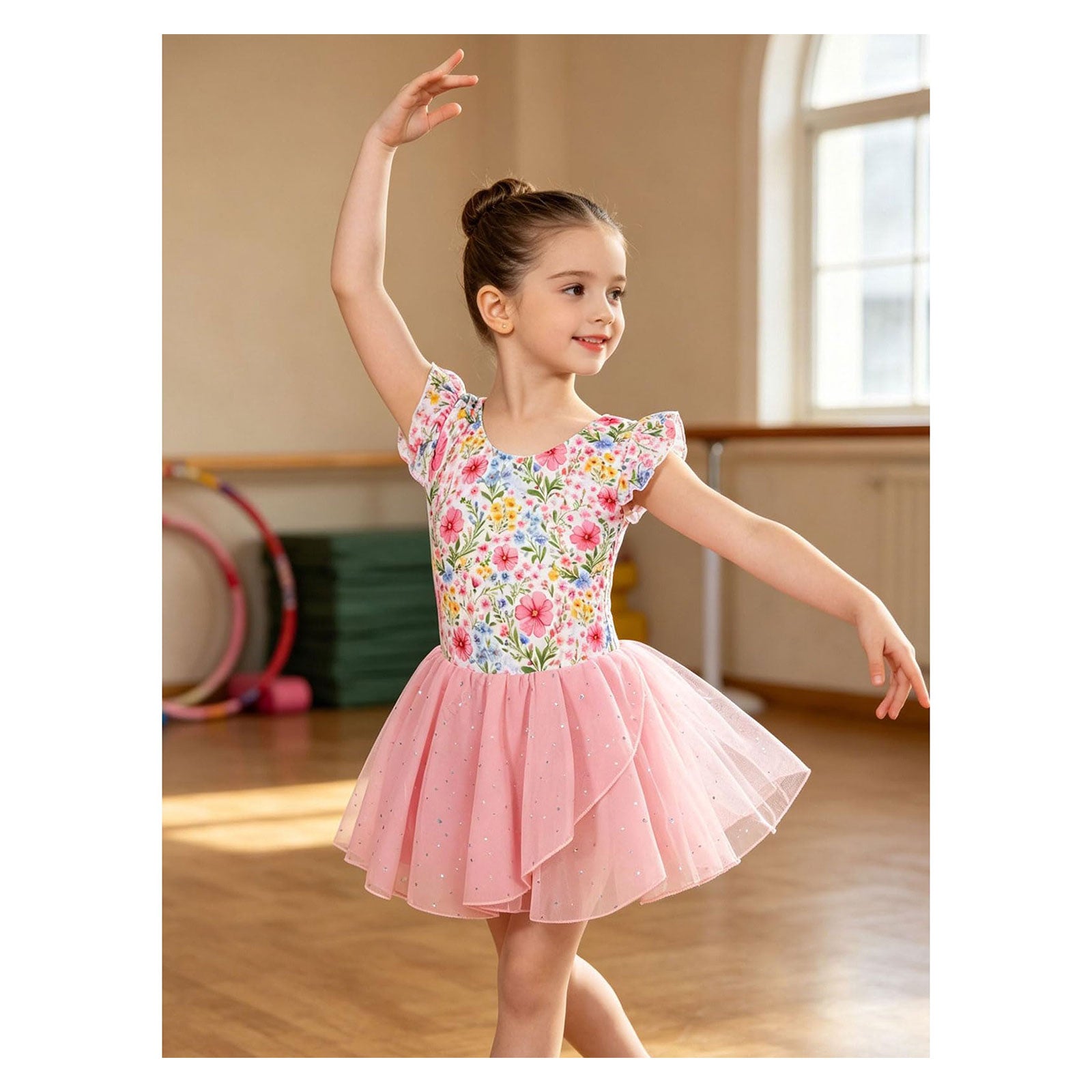 Lanbubble Toddler Ballet Leotards For Girls Dance Leotards With Shiny Tutu Skirt Ruffle Sleeve 3-7 Years