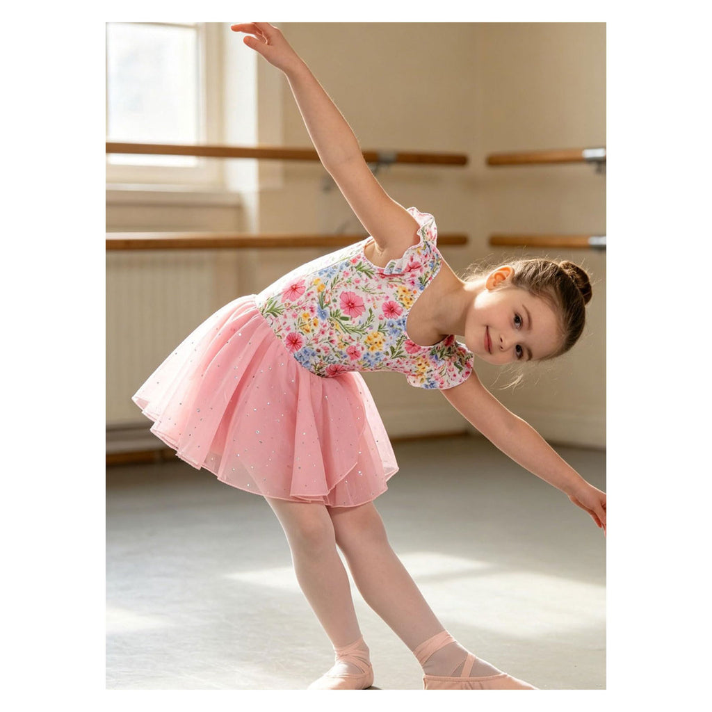 Lanbubble Toddler Ballet Leotards For Girls Dance Leotards With Shiny Tutu Skirt Ruffle Sleeve 3-7 Years