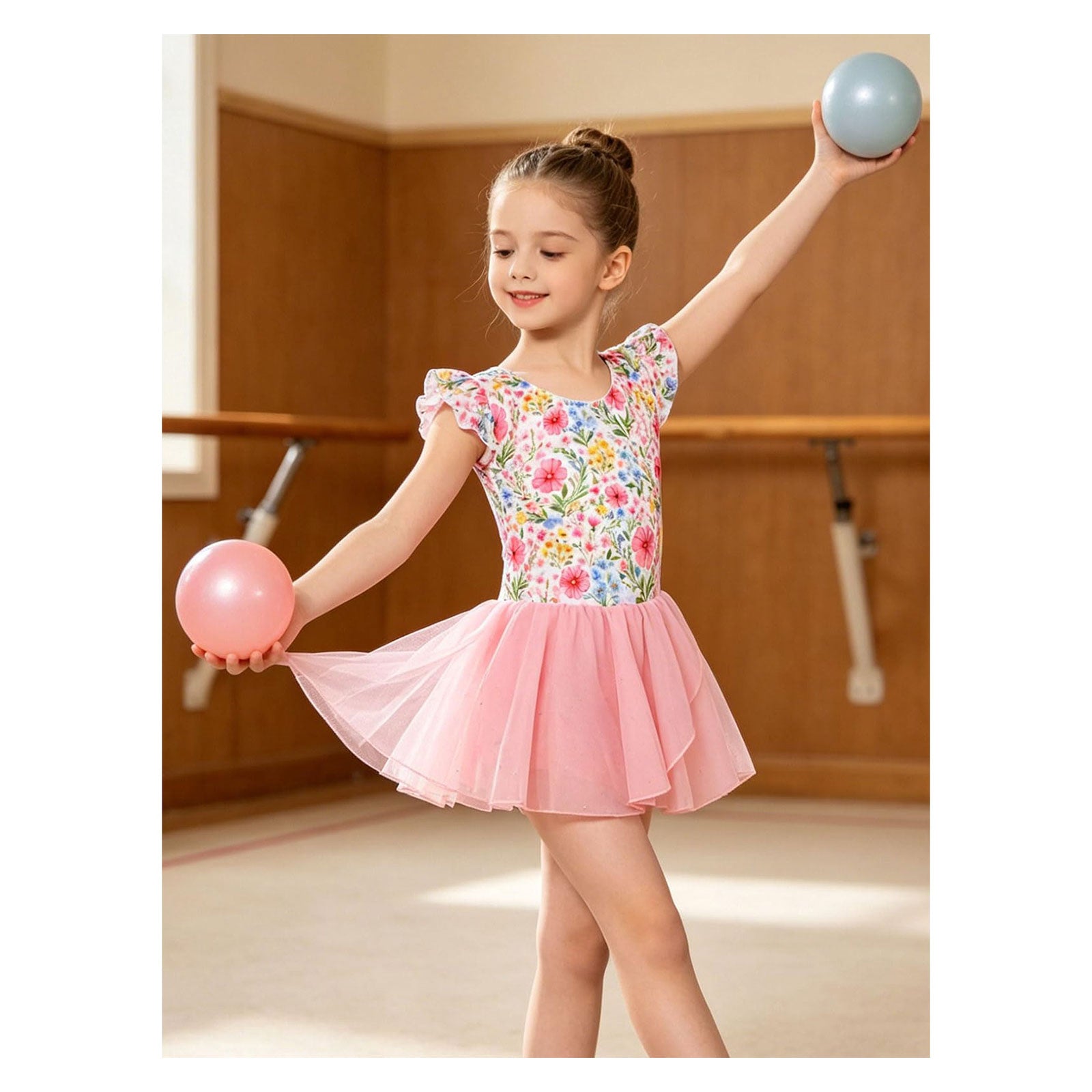 Lanbubble Toddler Ballet Leotards For Girls Dance Leotards With Shiny Tutu Skirt Ruffle Sleeve 3-7 Years