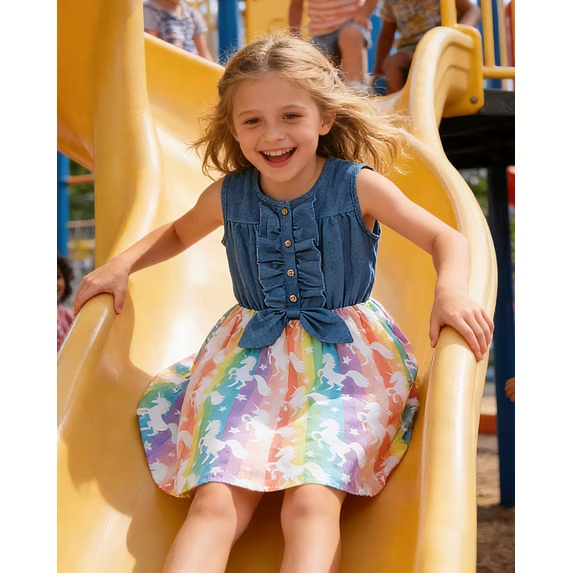 Lanbubble Girls Dresses Sleeveless Denim Dress Ruffle Bowknot Front A-Line Casual Sundress Rainbow Unicorn Dress for Kids 2-8T