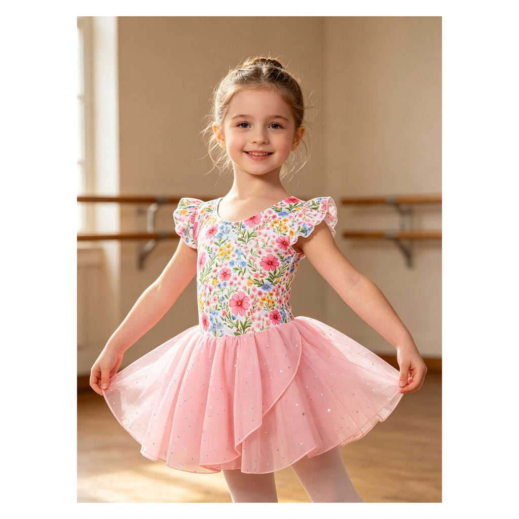 Lanbubble Toddler Ballet Leotards For Girls Dance Leotards With Shiny Tutu Skirt Ruffle Sleeve 3-7 Years