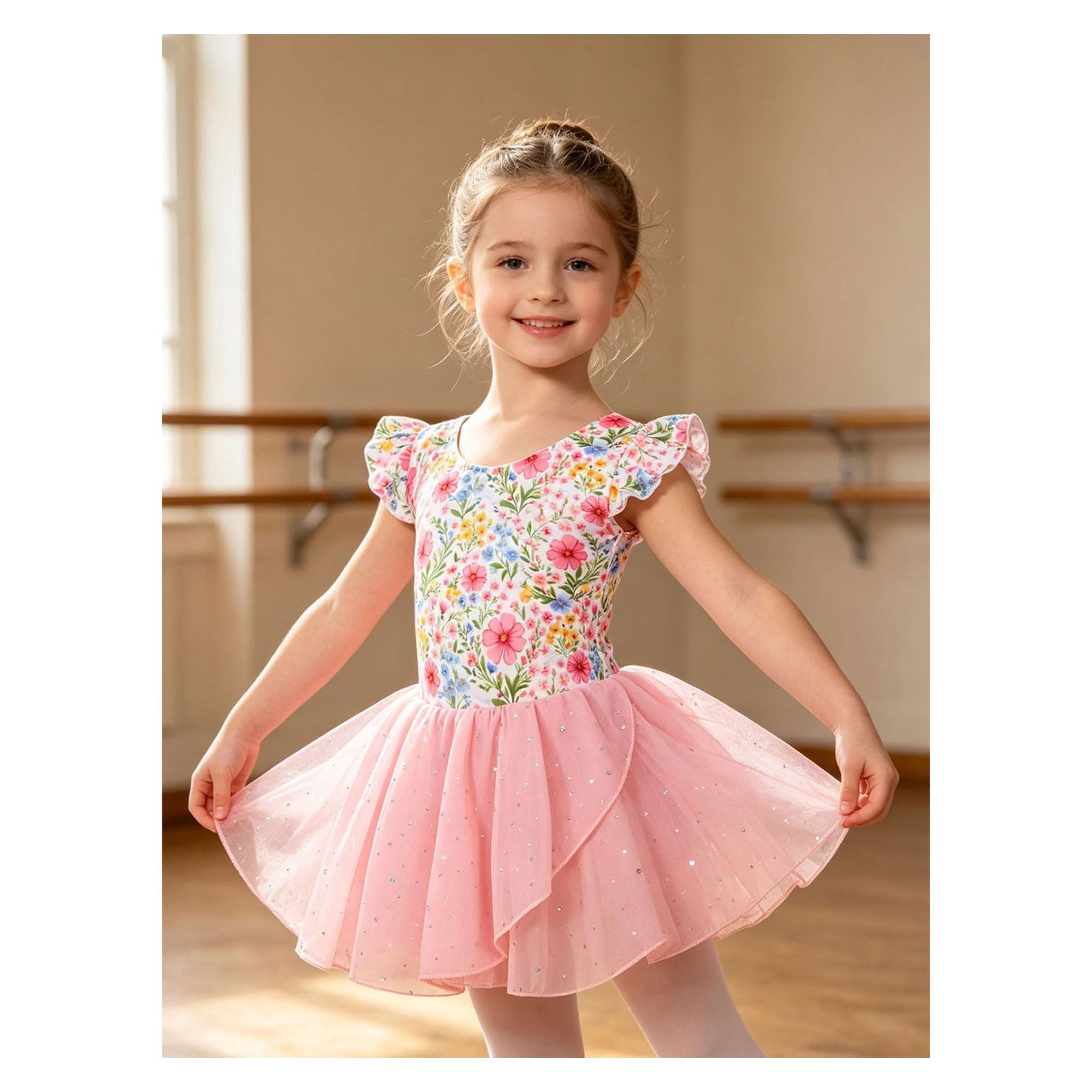 Lanbubble Toddler Ballet Leotards For Girls Dance Leotards With Shiny Tutu Skirt Ruffle Sleeve 3-7 Years