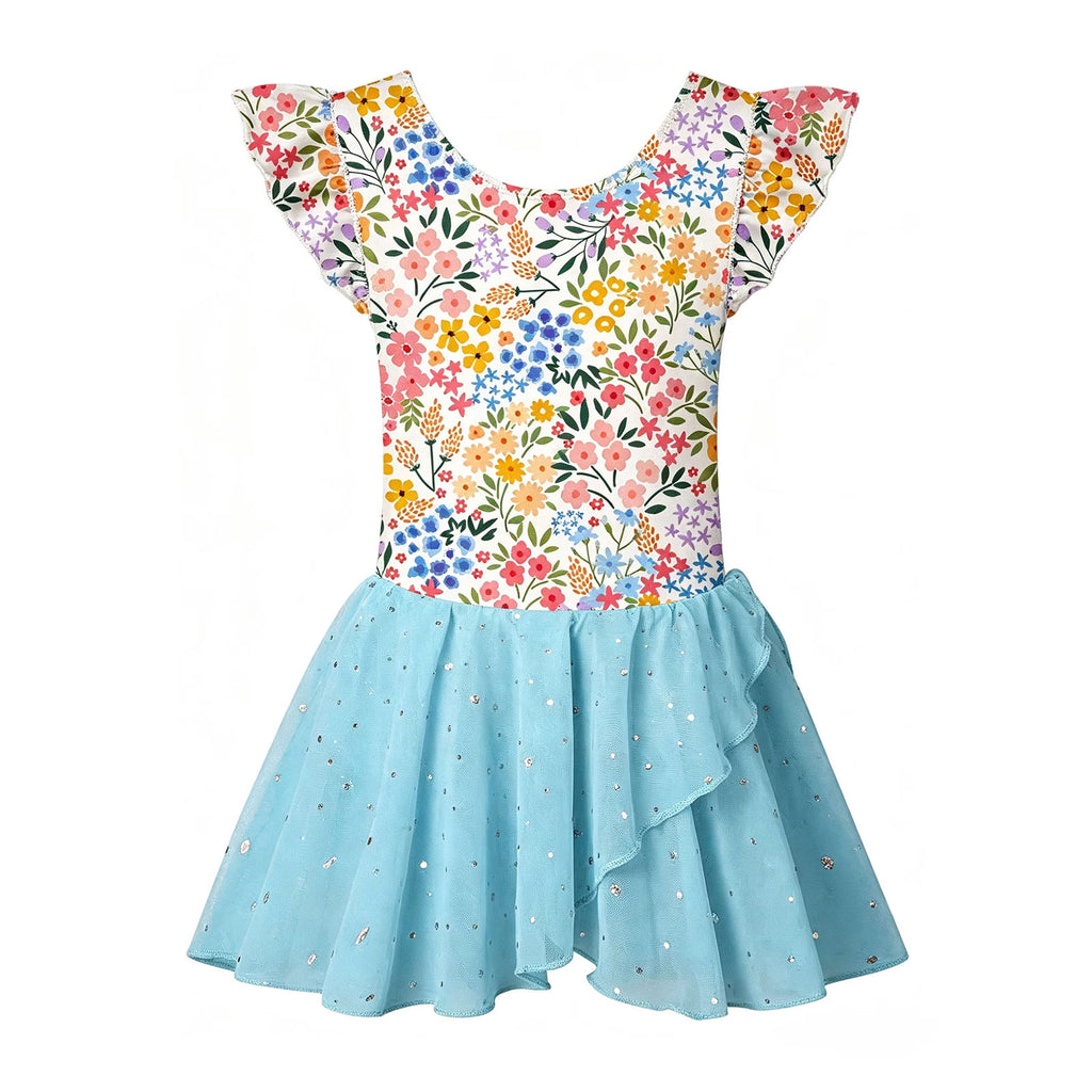 Lanbubble Toddler Ballet Leotards For Girls Dance Leotards With Shiny Tutu Skirt Ruffle Sleeve 3-7 Years