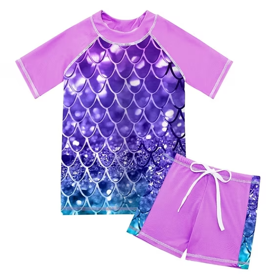 Lanbubble Girls Rash Guard Swimsuit Set Short Sleeve UPF 50+ 2 Pieces Bathing Suit 5-6 Years