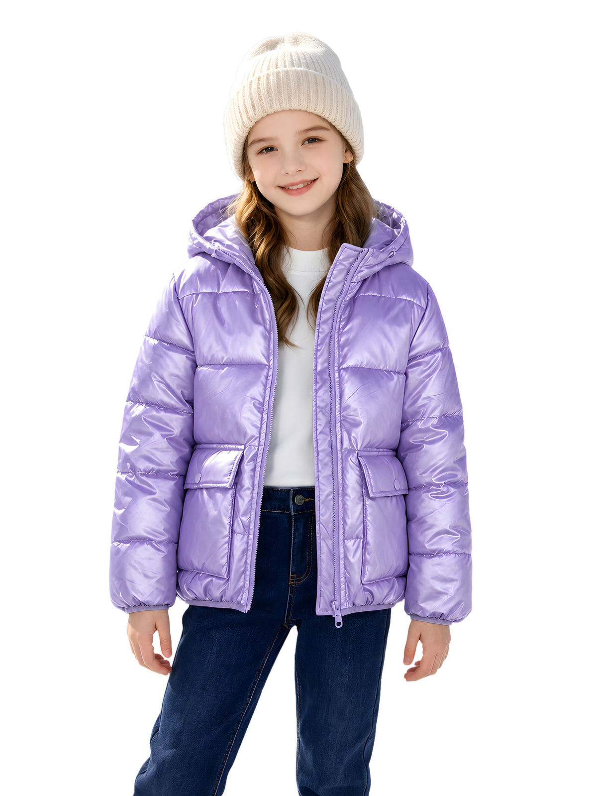 Lanbubble Girls Shiny Puffer Jacket Hooded Winter Coat Warm Outerwear for Kids 7-14Y