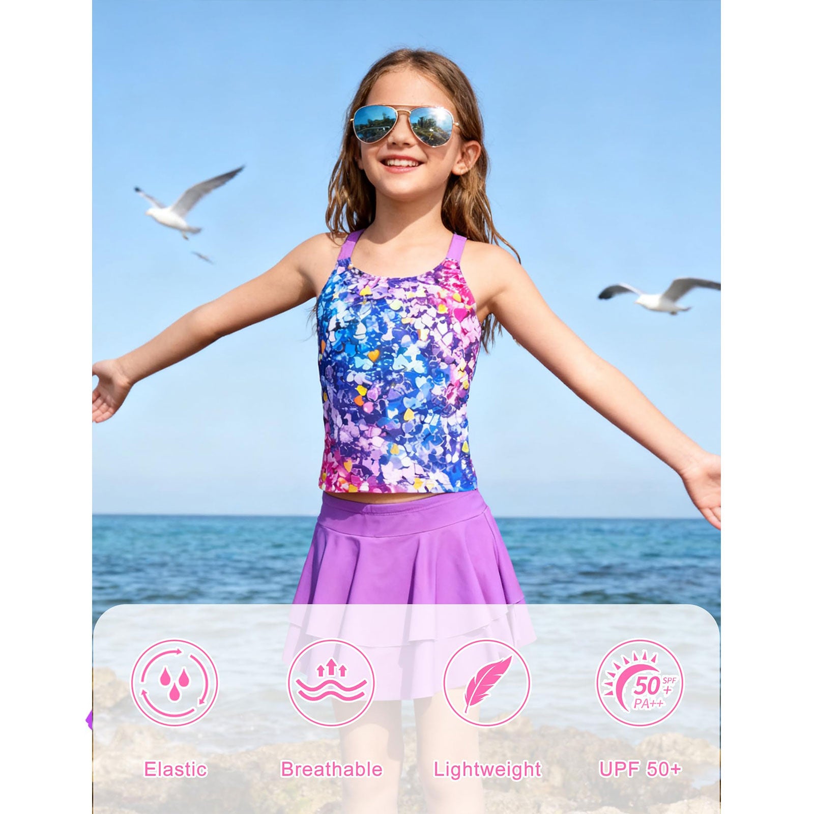 Lanbubble Girls Tankini Swimsuit Two Piece Bathing Suits Summer Beach Swimwear with Skirt Shorts Sequins 7-12Y