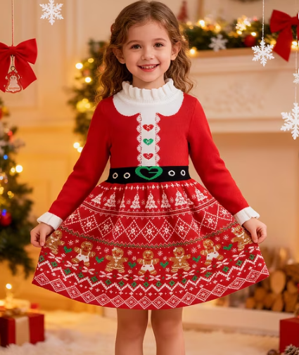 Lanbubble Girls Ugly Christmas Sweater Dress Long Sleeve Knit Ruffle-Trim A-Line Holiday Outfit for Kids 2-9 Years
