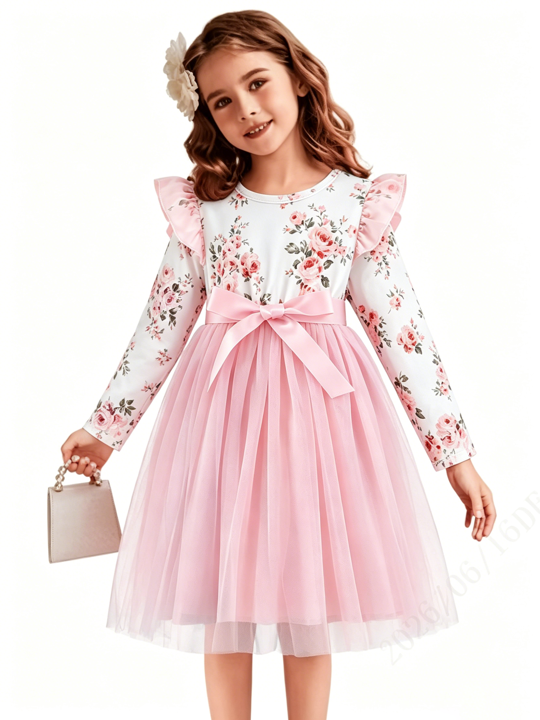Lanbubble Toddler Girls Floral Tutu Dress Fluffy Ruffle Sleeve Dresses Casual Party Tulle Princess Sundress for Kids 3-7 Years