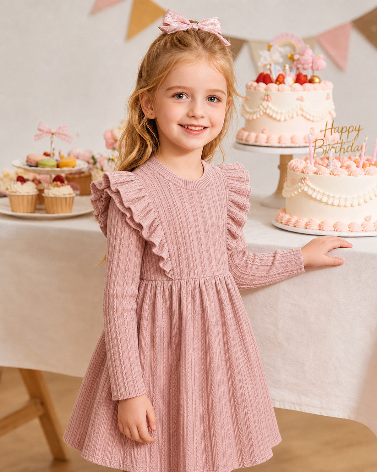 Lanbubble Toddler Girls Long Sleeve Ruffle Dress Cable Knit A-Line Sweater Dress Soft Fall Winter Dresses 3T-6T
