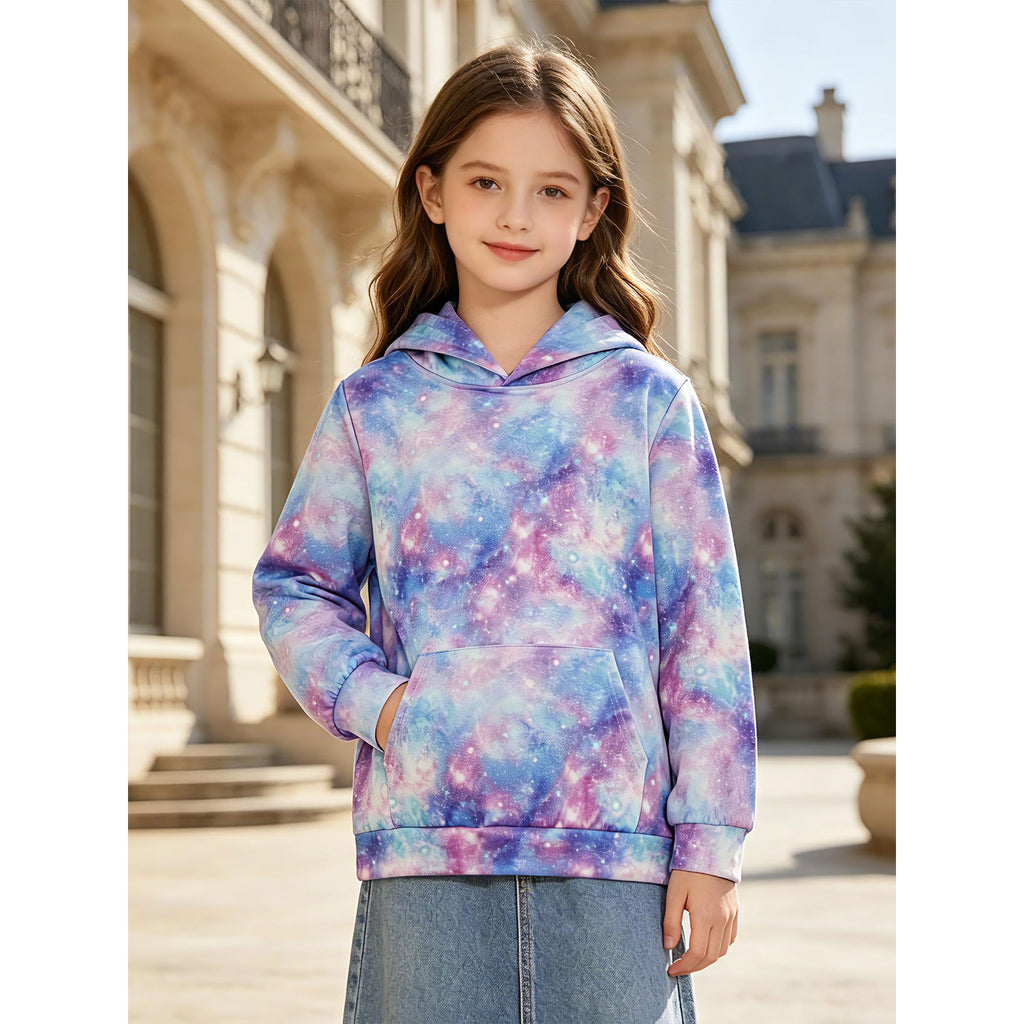 Lanbubble Unisex Kids Sweatshirt For Girls 4-14 Years Tie Dye Cat Hooded Kangaroo Pocket Pullover Hoodies