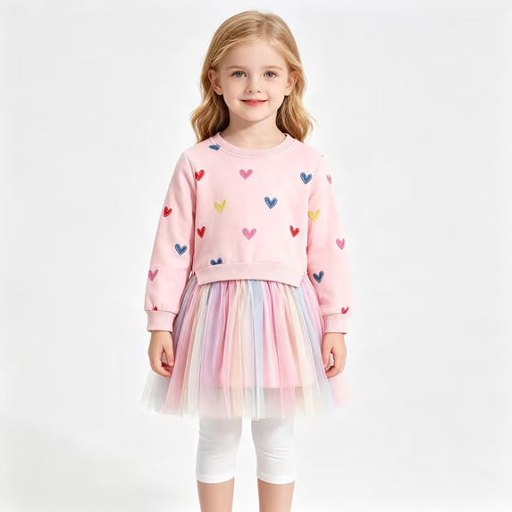 Lanbubble Girls Dresses Long Sleeve Sweat Party Dress With Sequin Tulle Skirt 3-7 Years