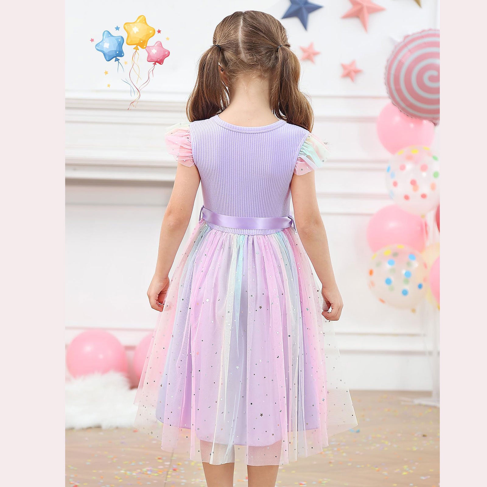 Lanbubble Toddler Baby Girls Rainbow Tutu Dresses Tulle Dress Party Princess Sequins Sundress Ruffle Sleeveless 2-6Years