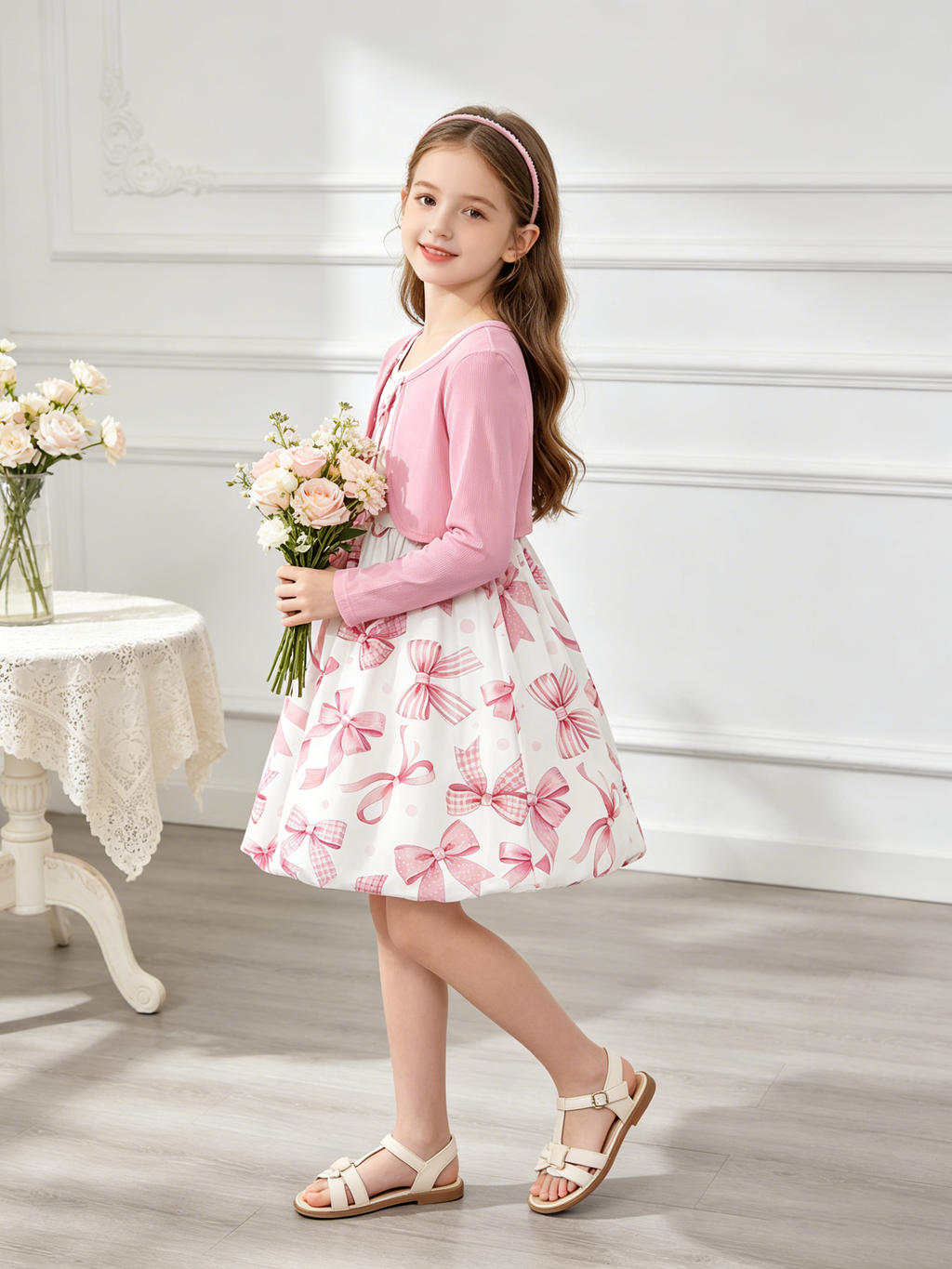 Lanbubble Girls 2 Piece Dress Set Sleeveless Bubble Dress with Cardigan & Side Pockets for Party Daily Wear Size 5-12Y
