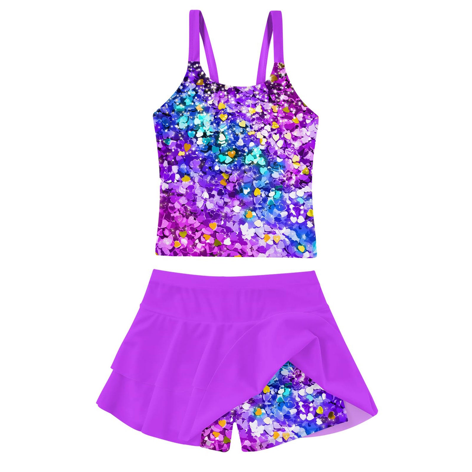 Lanbubble Girls Tankini Swimsuit Two Piece Bathing Suits Summer Beach Swimwear with Skirt Shorts Sequins 7-12Y