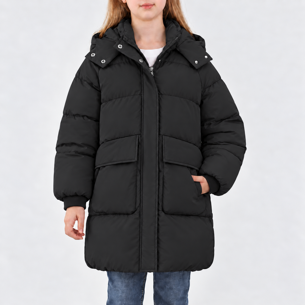 Lanbubble Girls Winter Coat Hooded Puffer Jacket Mid-Lenght Outerwear with Large Pockets 7-14Y