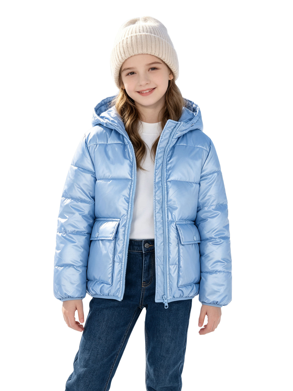 Lanbubble Girls Shiny Puffer Jacket Hooded Winter Coat Warm Outerwear for Kids 7-14Y