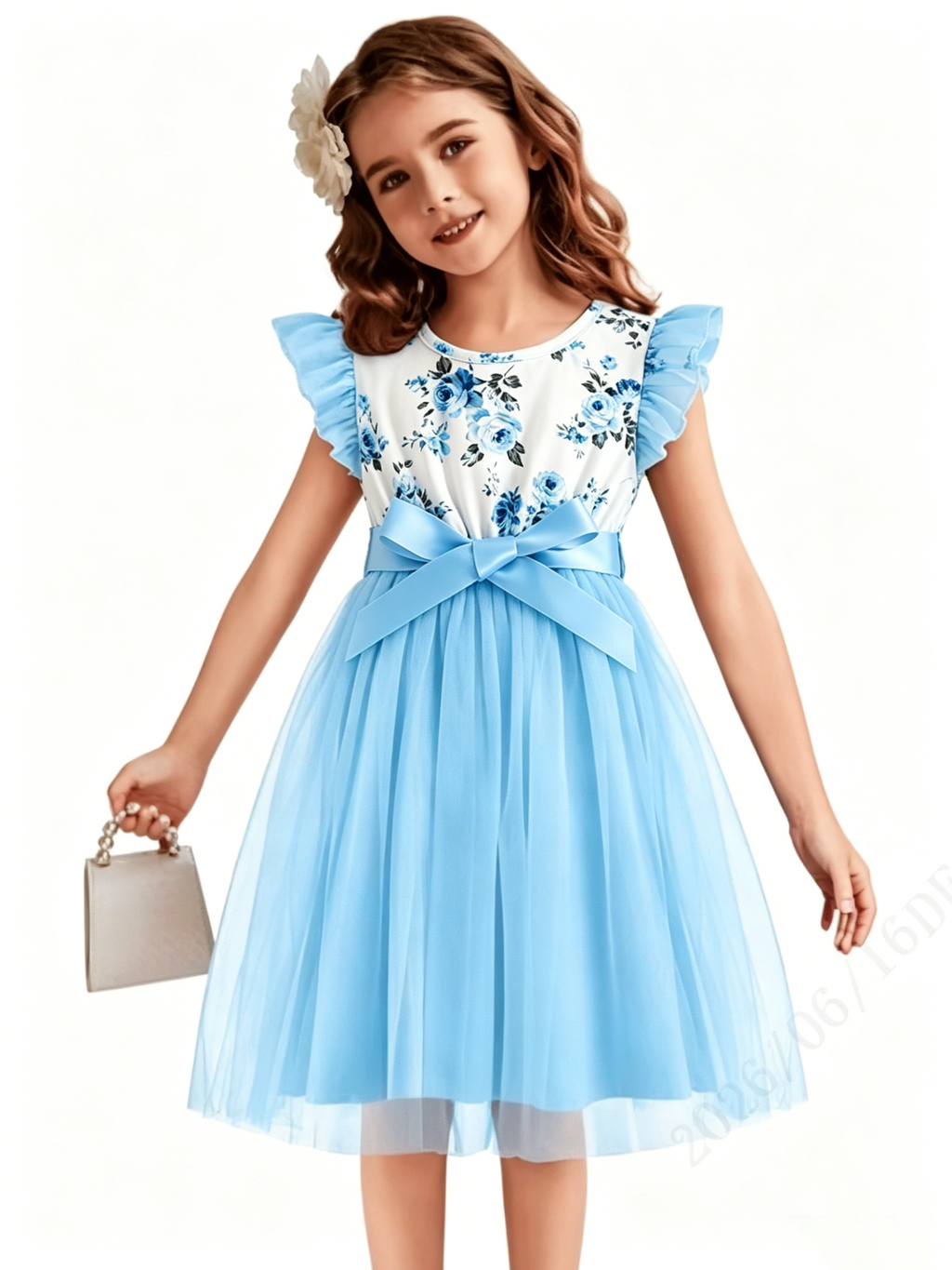 Lanbubble Toddler Girls Floral Tutu Dress Fluffy Ruffle Sleeve Dresses Casual Party Tulle Princess Sundress for Kids 3-7 Years