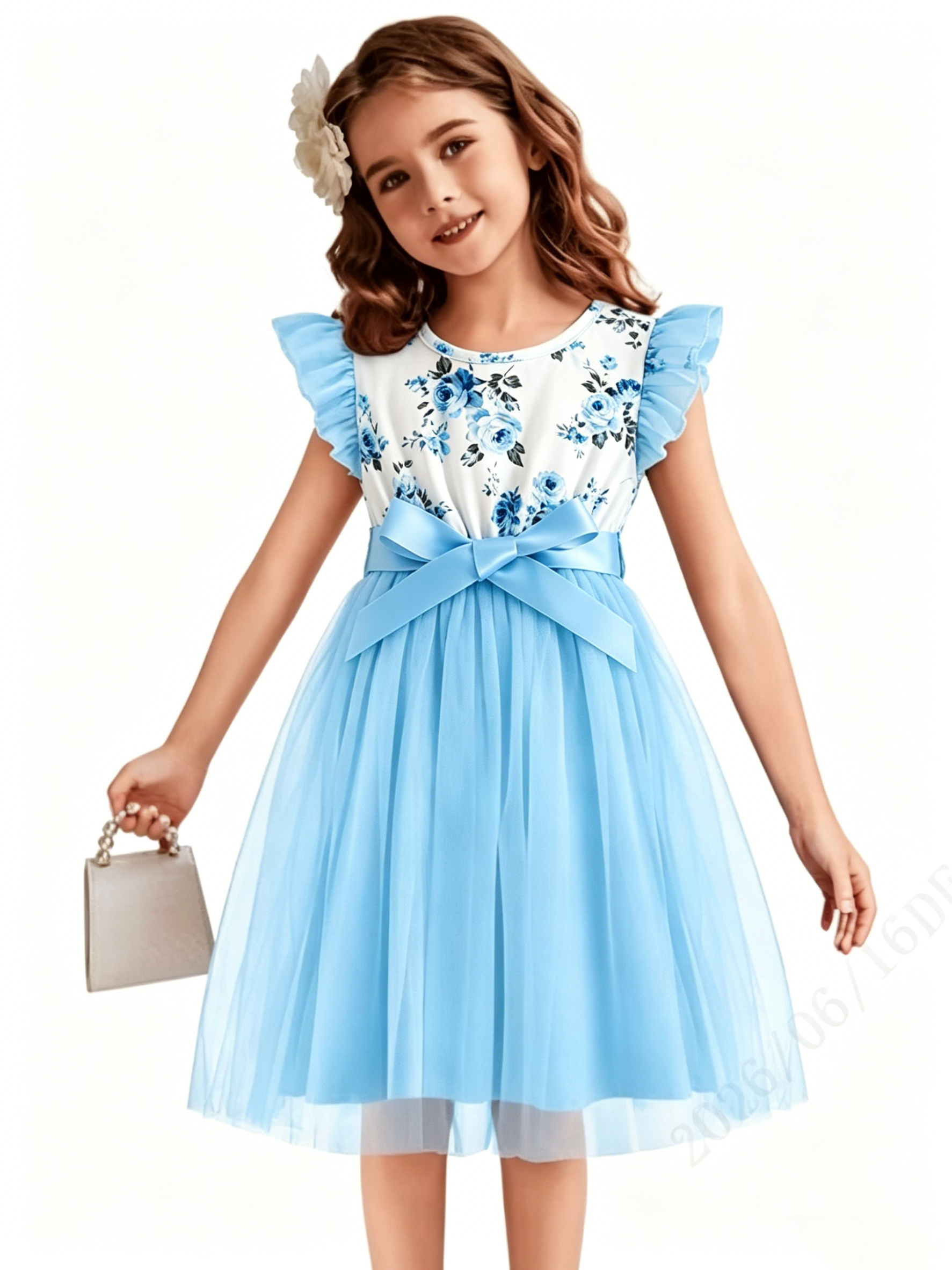 Lanbubble Toddler Girls Floral Tutu Dress Fluffy Ruffle Sleeve Dresses Casual Party Tulle Princess Sundress for Kids 3-7 Years