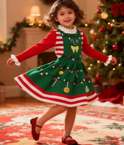 Lanbubble Girls Ugly Christmas Sweater Dress Long Sleeve Knit Ruffle-Trim A-Line Holiday Outfit for Kids 2-9 Years