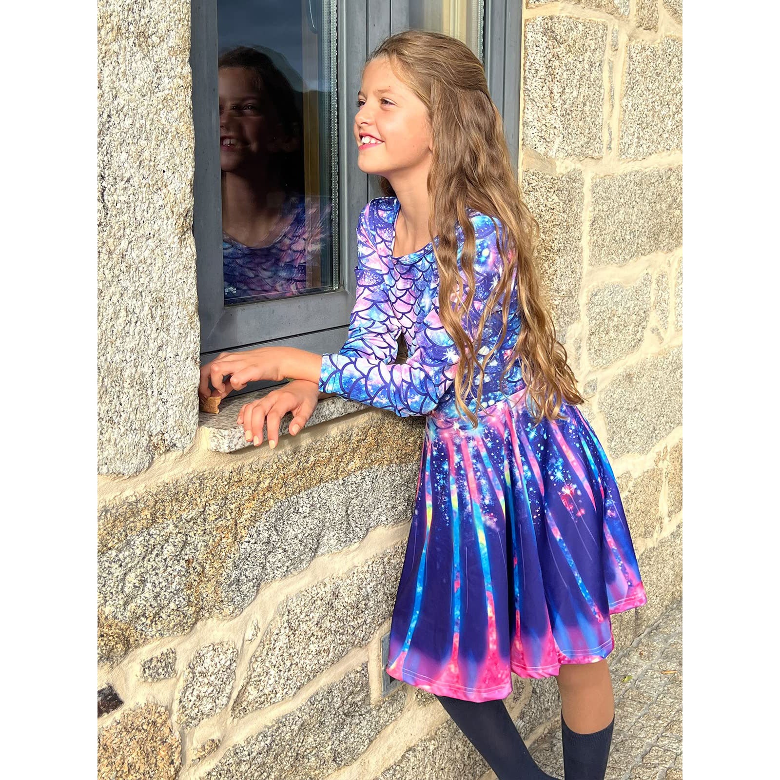 Lanbubble Girls Long Sleeve Dress Mermaid Printed Casual Dress Twirly Skater Dresses 5-13 Years