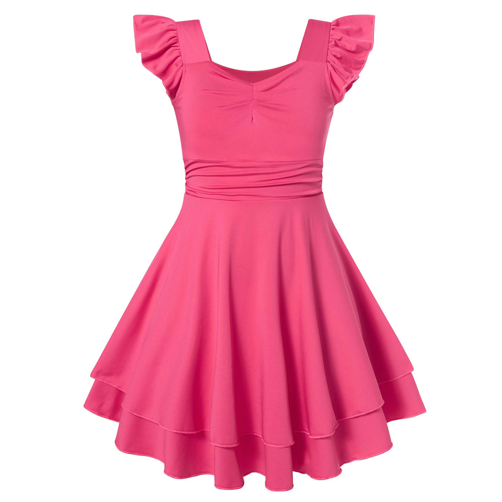 Lanbubble Girls Ruched Dresses Ruffle Sleeve Teens Tiered Swing A-line Teen Dress 8-16 Years