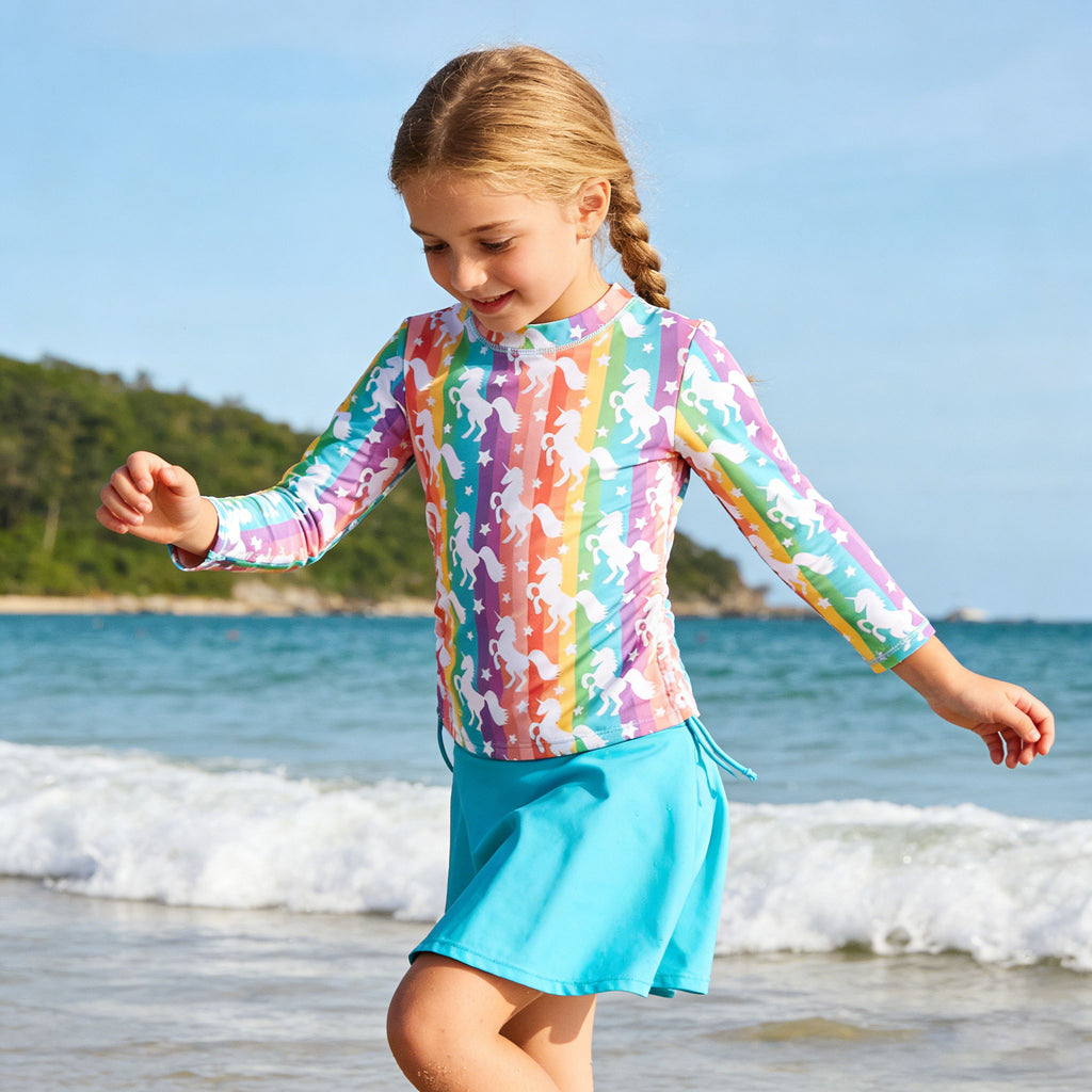 Lanbubble Girls Swimsuit Rash Guard Set 2 Piece Long Sleeve Bathing Suit Swim Skirt with Shorts 3-10 Years