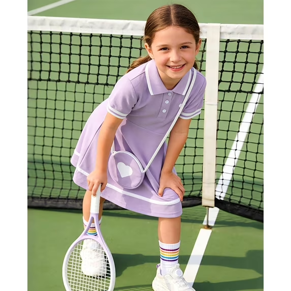 Lanbubble Toddler Girls Sporty Tennis Dress With Bag Short Sleeve Casual Polo Dress Purple Dress For Girls 3-7 Years