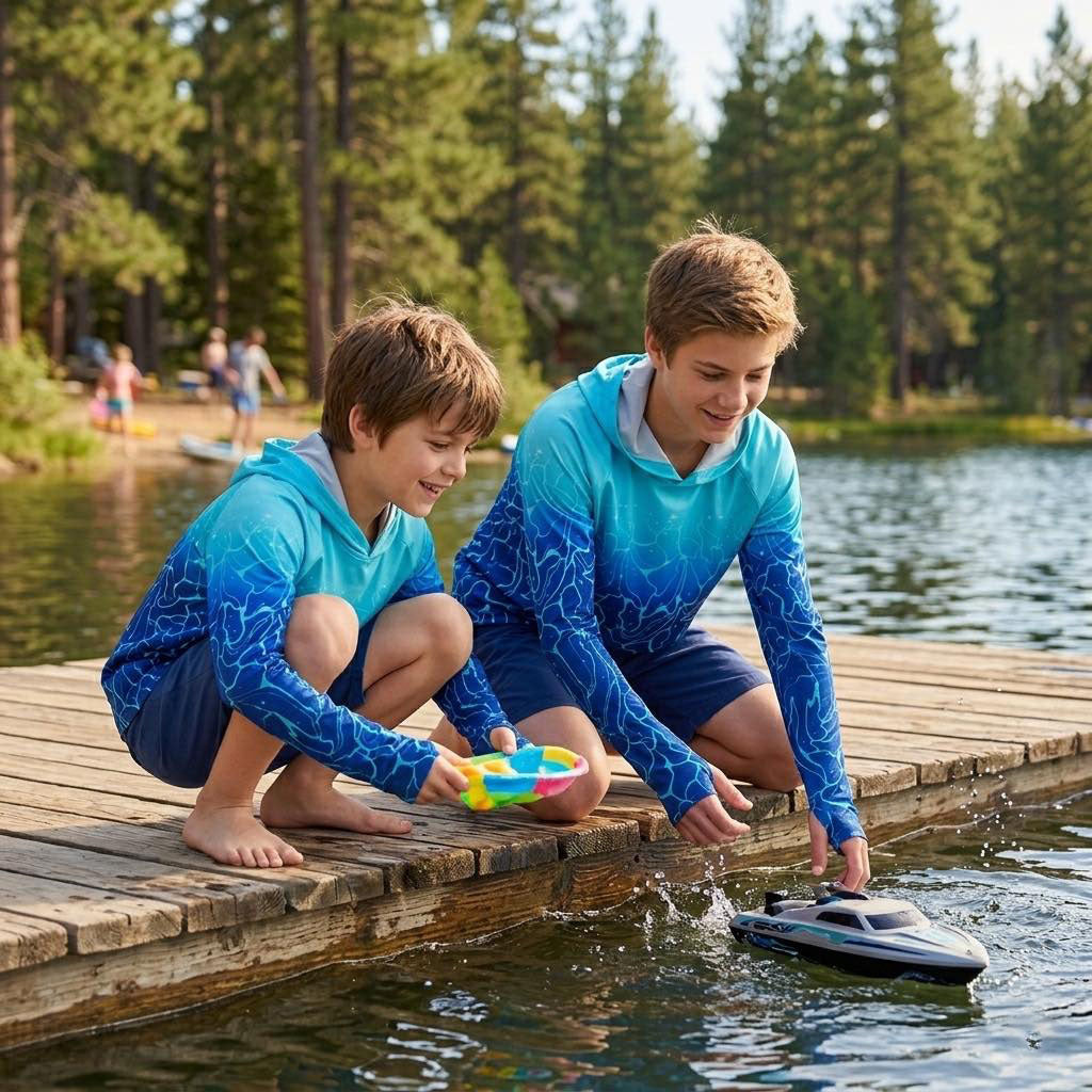 Lanbubble Boys Rash Guard Shirts Long Sleeve Quick Dry Beach Swim Hooded with Thumb Hole 7-14Years
